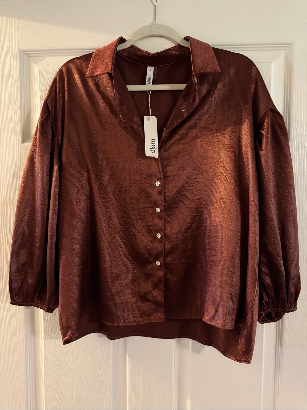 glam Copper Satin Button-Down Blouse